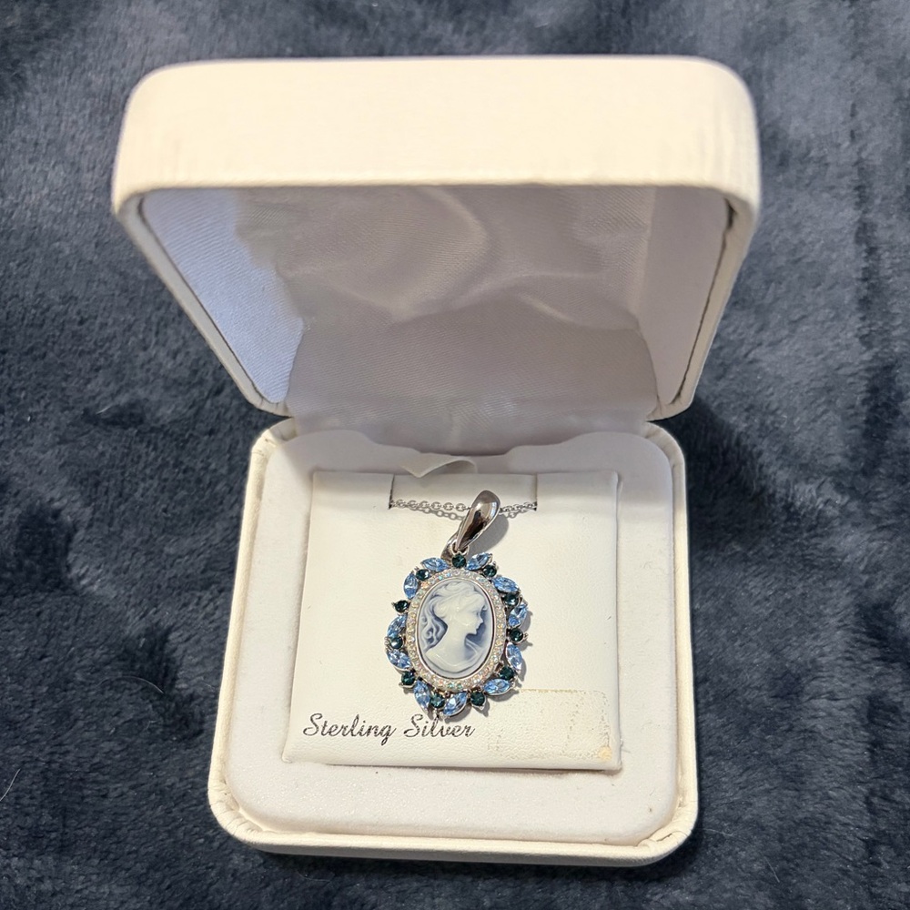 Elegant Silver and Blue Cameo Necklace